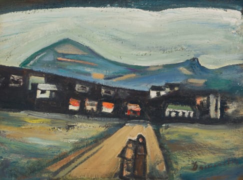 Pranas Domsaitis; Village with Figures on a Road