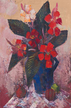 George Enslin; Red Cannas in a Blue Jug