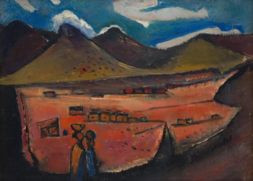 Pranas Domsaitis; Landscape with Figures and Distant Dwellings