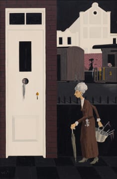 Fred Page; Old Lady with Umbrella and Basket of Pennants