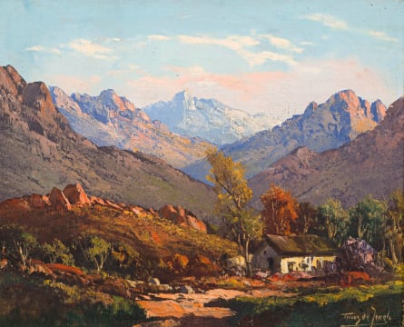 Tinus de Jongh; A Thatched Dwelling in a Mountainous Landscape