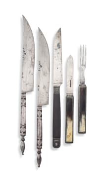 A pair of cut-steel knives and sheath, 19th century