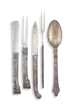 A Swiss engraved silver and engraved gilt travelling set, hallmarks Zug, possibly Carl Franz Frey (1693-1779), 18th century