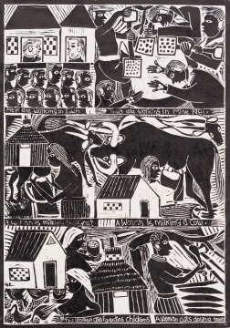 John Muafangejo; The Women are Feeding the Chickens