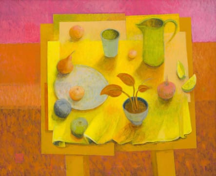 Susan Helm Davies; Still Life with Yellow Cloth