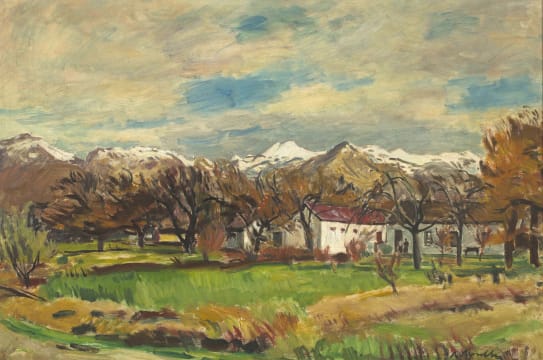 Robert Broadley; Farm Landscape with Snow Capped Mountains