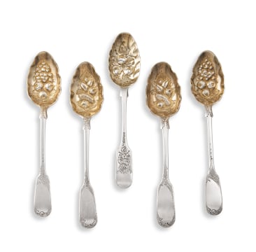 Five Victorian silver-gilt 'Fiddle' pattern berry spoons, Elizabeth Eaton and Richard Britton, London, 1838 - 1846