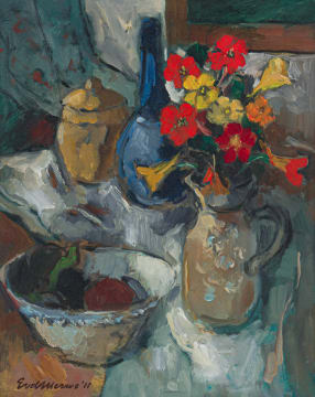 Eben van der Merwe; Still Life with Jug of Nasturtiums