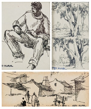 Otto Klar; Seated Man; Trees; Houses and Figures, three