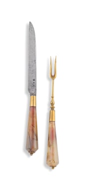 A Dutch shagreen-cased 18ct gold-mounted agate travelling dessert knife and fork, 18th century