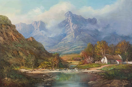 Gabriel de Jongh; Landscape with River and Mountains