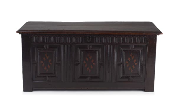 An oak and inlaid mule chest, 18th century