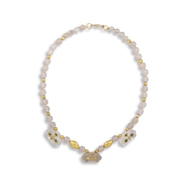 Carved quartz, moonstone, diamond and emerald necklace, India