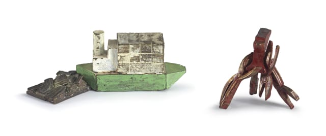 Kevin Brand; Container Ship; Red Form with Tools and Anvil, two