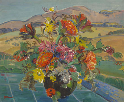 Alice Tennant; Flowers in a Black Vase with Landscape Beyond