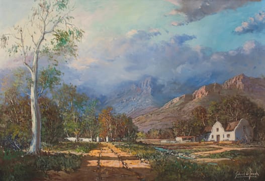 Gabriel de Jongh; Cape Dutch Cottage with Mountains Beyond