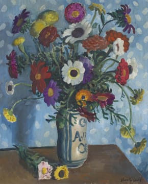 Alfred Neville Lewis; Flowers in a Blue and White Vase