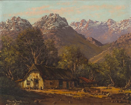 Tinus de Jongh; Cottage and Snow Capped Mountain