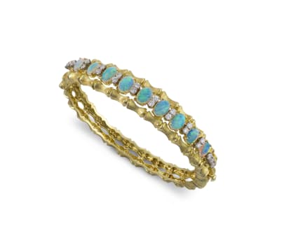 Opal, diamond and gold bangle