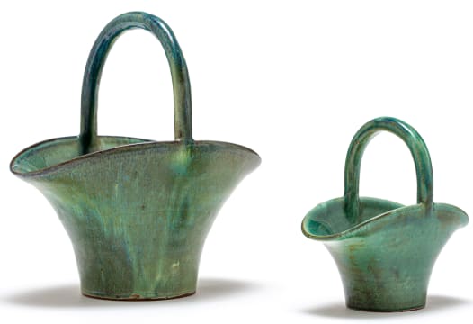A Globe green, blue and purple-glazed basket
