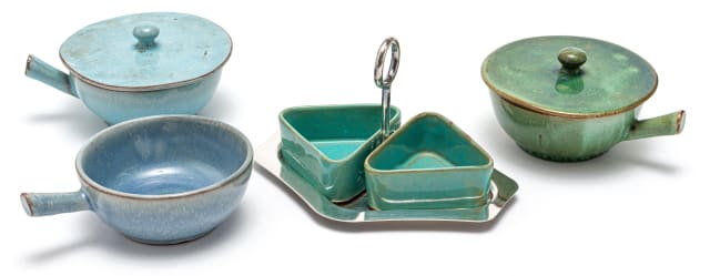 A Globe turquoise-glazed and chrome condiment set