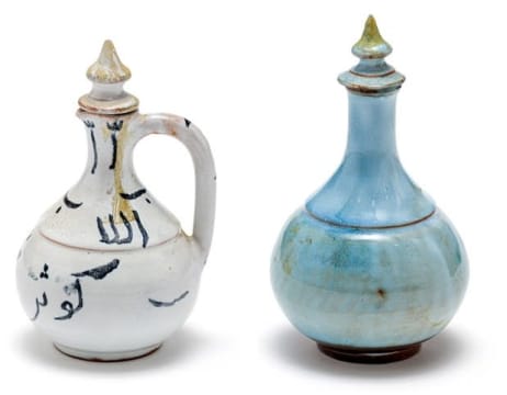 A Linn Ware blue-glazed condiment pourer and cover