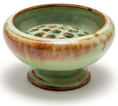 A Linn Ware celadon green and russet-glazed pedestal bowl