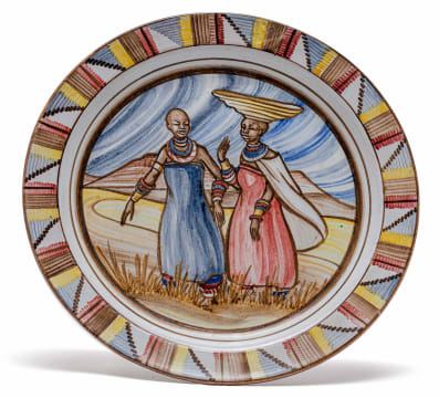 A Linn Ware polychrome glazed pictorial charger, 1952