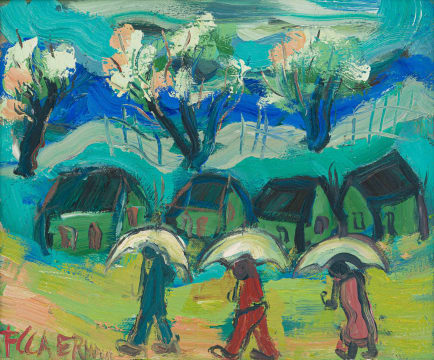 Frans Claerhout; Landscape with Three Figures with Umbrellas