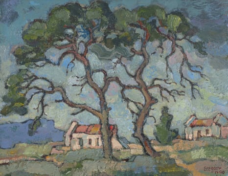 Gregoire Boonzaier; Two Trees and Cottages in the Background