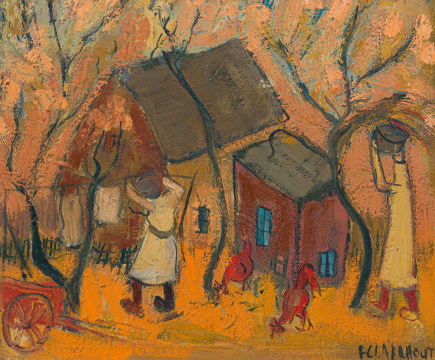 Frans Claerhout; Farmyard with Figures and Chickens