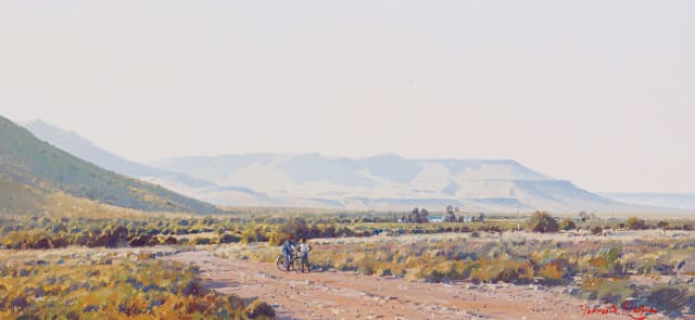 Francois Koch; Figures with Bicycle in the Karoo