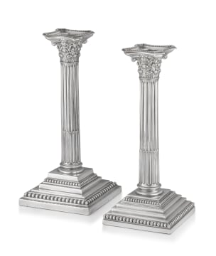 A silver-plate Corinthian candlestick, apparently unmarked