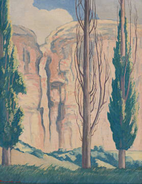 Jacob Hendrik Pierneef; Landscape with Cliffs with Cypress Trees
