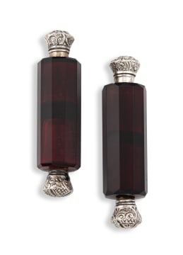 A Victorian burgundy-glass and silver-plate mounted double-ended scent bottle