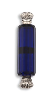 A Victorian blue-glass and silver-plate mounted double-ended scent bottle