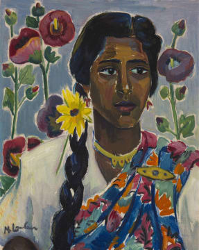 Maggie Laubser; Portrait of a Woman wearing a Sari against a Floral Background