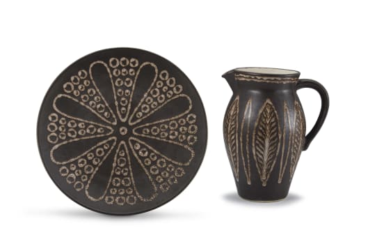 A Hamburger's Pottery brown-and-white-glazed dish