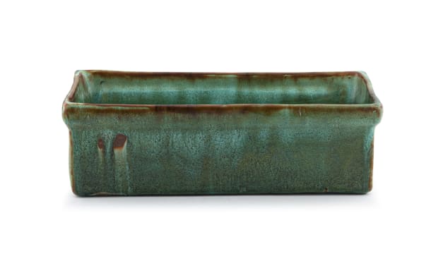 A Linn Ware mottled green, white, blue-and-russet-glazed trough