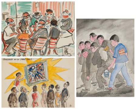 Iris Ampenberger; Guys & Dolls at Fr. Claerhout's Thaba Nchu; Skildery van die Jaar, 1964 (Painting of the Year, 1964); White-Washing the Politicians, three