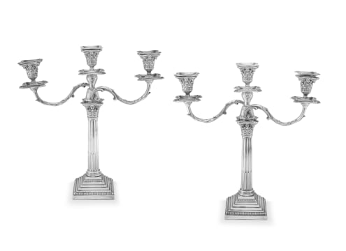 A pair of Victorian three-light Corinthian silver candelabra, possibly Charles Boyton, London, 19th century