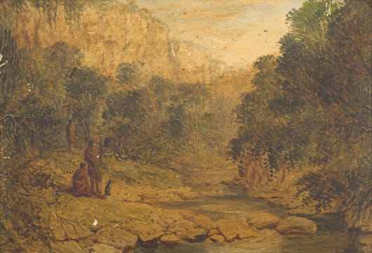 Frederick Timpson I'Ons; Figures and Dog by a River Crossing