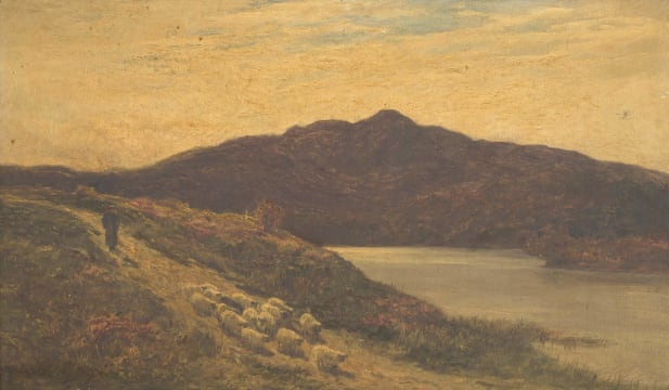 British School, 19th Century; A Shepherd with his Flock by a Lake