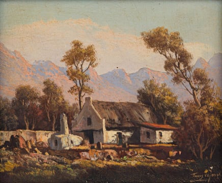 Tinus de Jongh; Cottage with Tall Trees in Mountain Landscape (Near Barrydale)