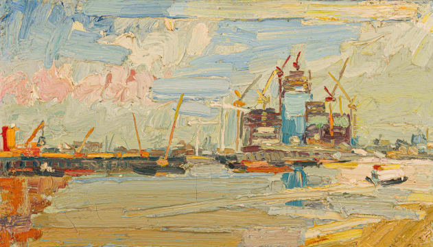 George Rowlett; Canary Wharf Nearing Completion, Sun over Deptford