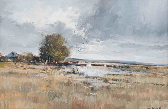 Mel Brigg; Landscape with Dam and Boats