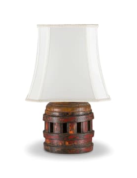 A painted wagon wheel lamp