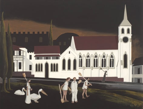 Fred Page; Untitled (Figures with Brooms and Pelicans)