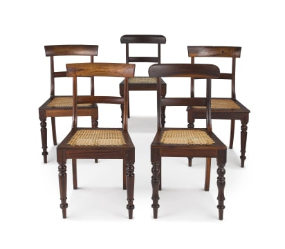 An assembled set of five Cape stinkwood side chairs, 19th/20th century