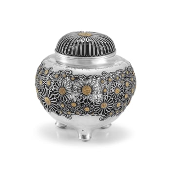 A cased Japanese silver and silver-gilt cricket cage, late 19th/early 20th century